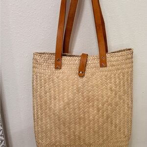 Woven Tote Bag with Leather Straps